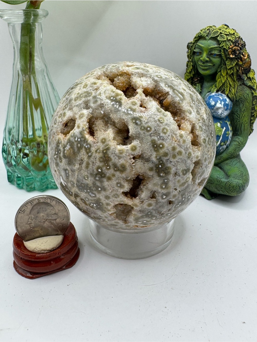 Natural Green-White ocean jasperGeode Sphere - Decorative Reptile Habitat Accent